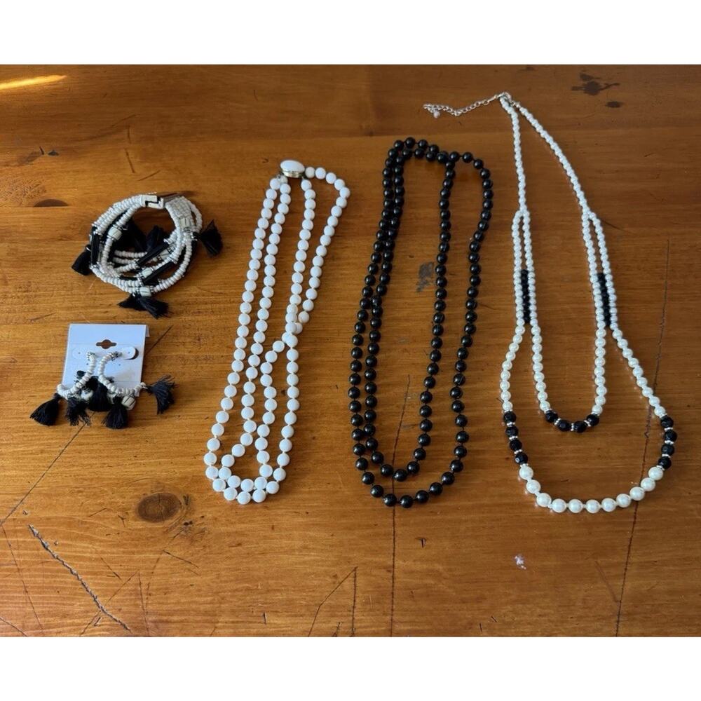 Boho Jewelry Set Neutral Beaded Necklace Bracelet Tassel Bundle Black White - Picture 2 of 16